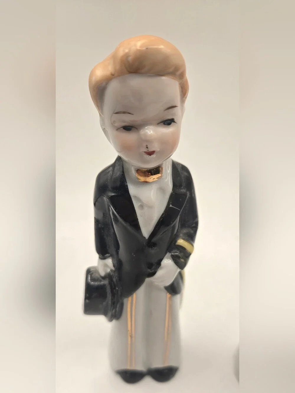 Vintage Porcelain Pair Wedding Cake Topper  Bride Groom Gold Accents 1950s Japan